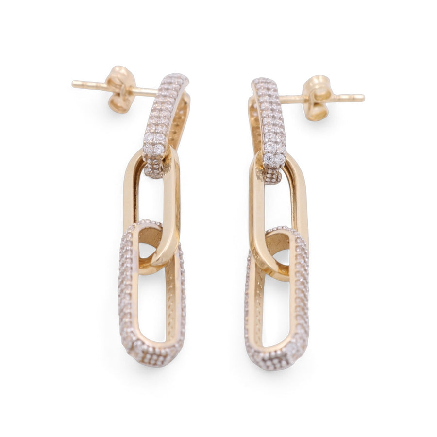 Miral Jewelry's 14K Yellow Gold Large with Cz Earrings are a pair of luxury earrings, crafted in 14K yellow gold and adorned with CZ stones, featuring a chain link design against a white background.