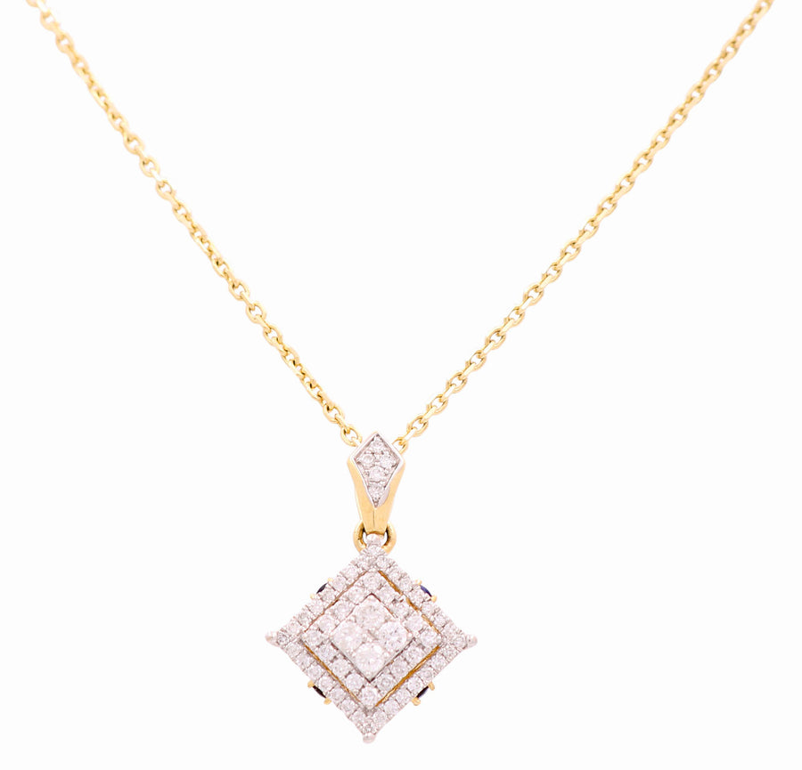 Yellow Gold Necklace with Diamond Pendant 14K with 0.50Tw Round Diamonds and 0.08Tw Round Sapphires