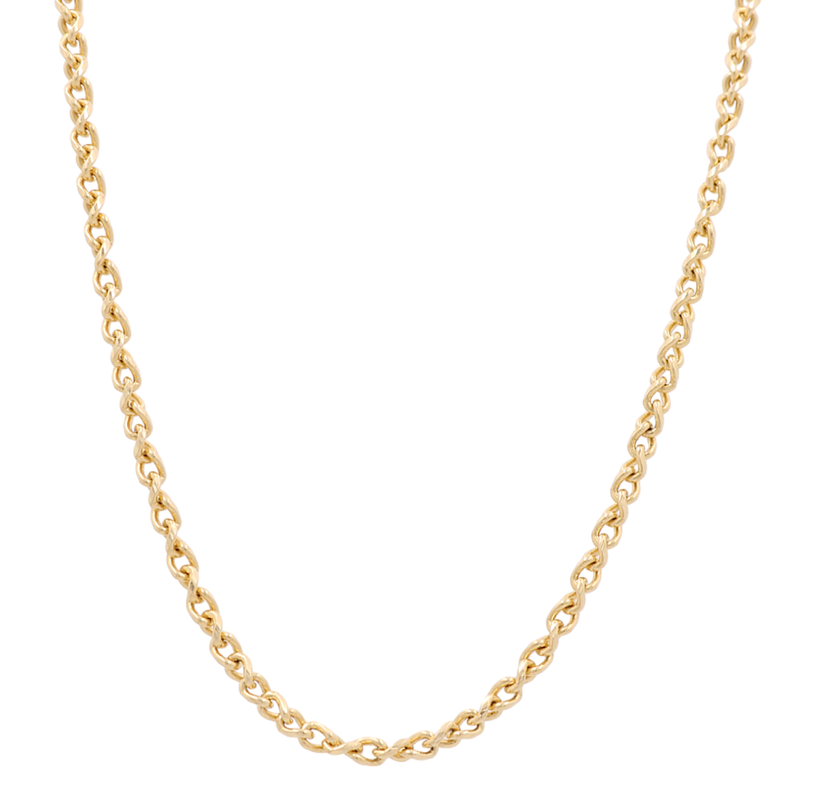 The "14K Yellow Gold Cable Chain" by Miral Jewelry features a 24" length necklace with small, interconnected links crafted in 14K yellow gold.