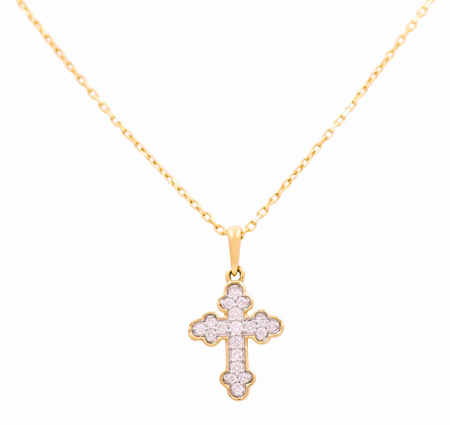 Yellow Gold Necklace with Cross Pendant 10K with 0.12Tw Round Diamonds