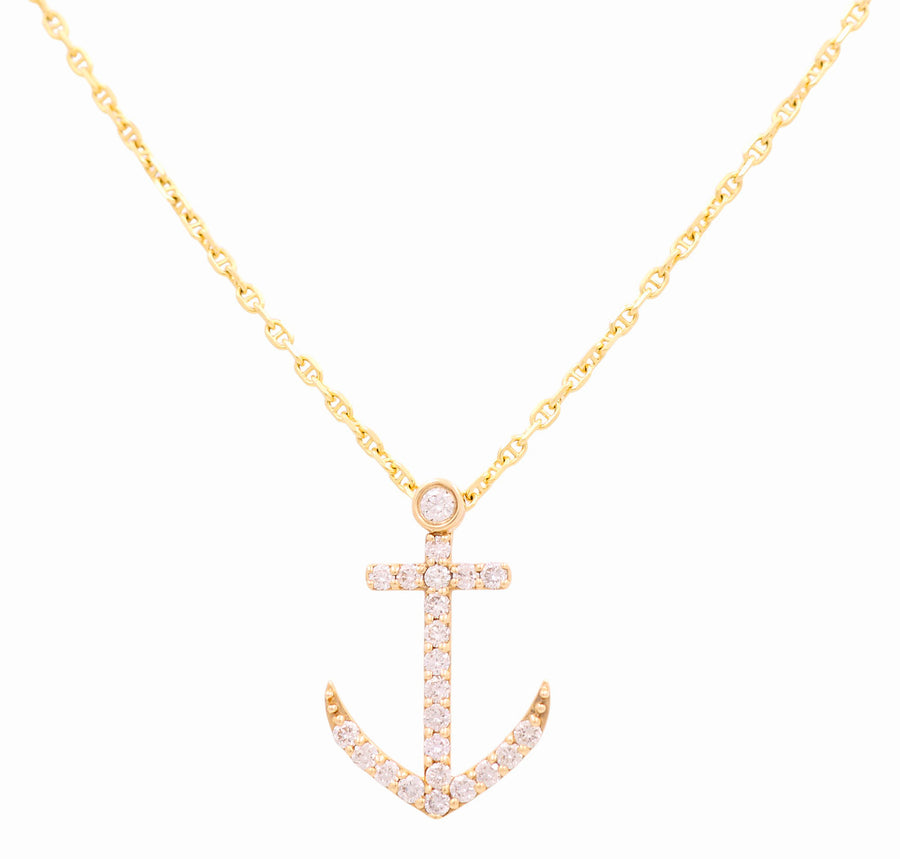 Yellow Gold Necklace with Anchor Pendant 14K with 0.85Tw Round Diamonds