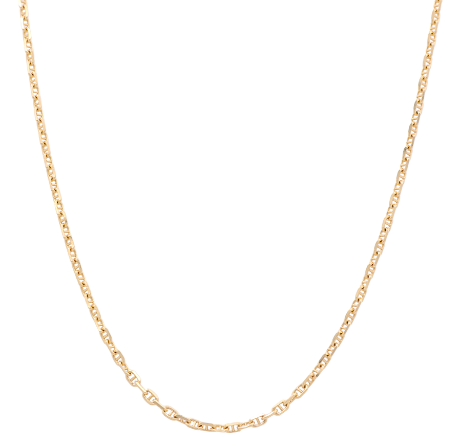 A close-up image of the 14K Yellow Gold Marine Chain by Miral Jewelry, showcasing its elegant thin design with small interconnected marine links.