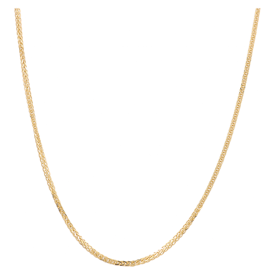 The 14K Yellow Gold Fancy Link Chain by Miral Jewelry exudes luxurious beauty on a white background.