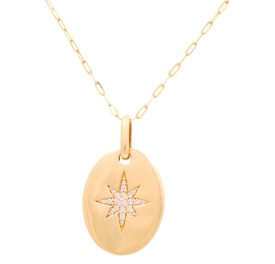 Yellow Gold Necklace with Oval Pendant 14K with 0.19Tw Round Diamonds