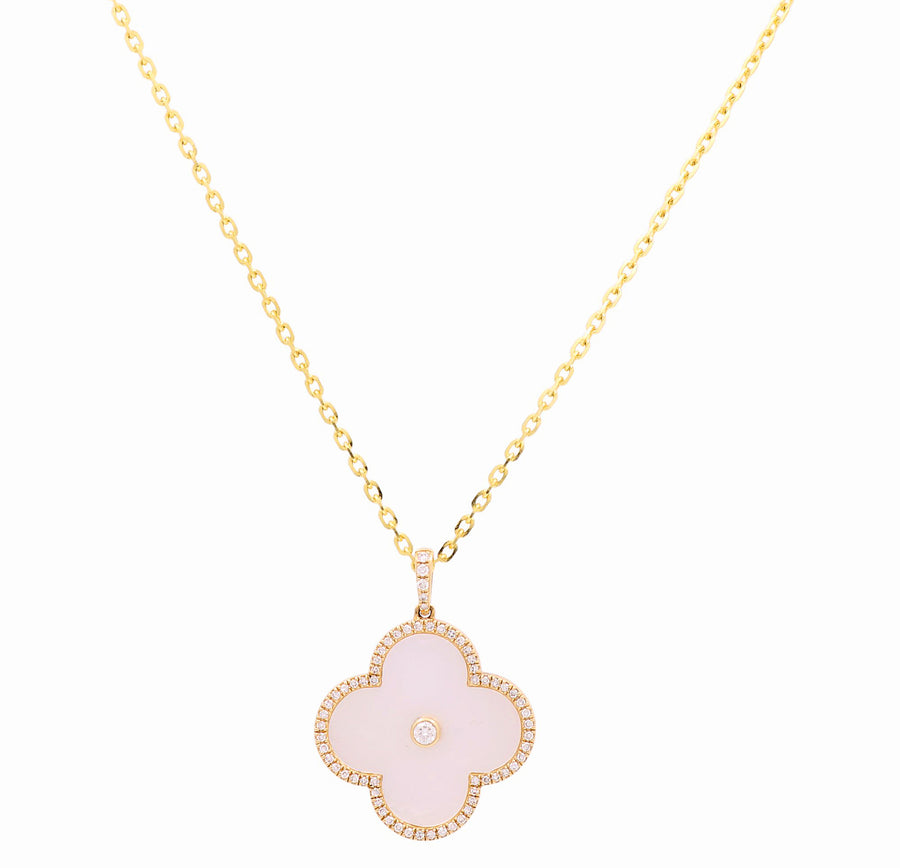 Yellow Gold Necklace with  Mother Pearl Pendant 14K with 0.20Tw Round Diamonds