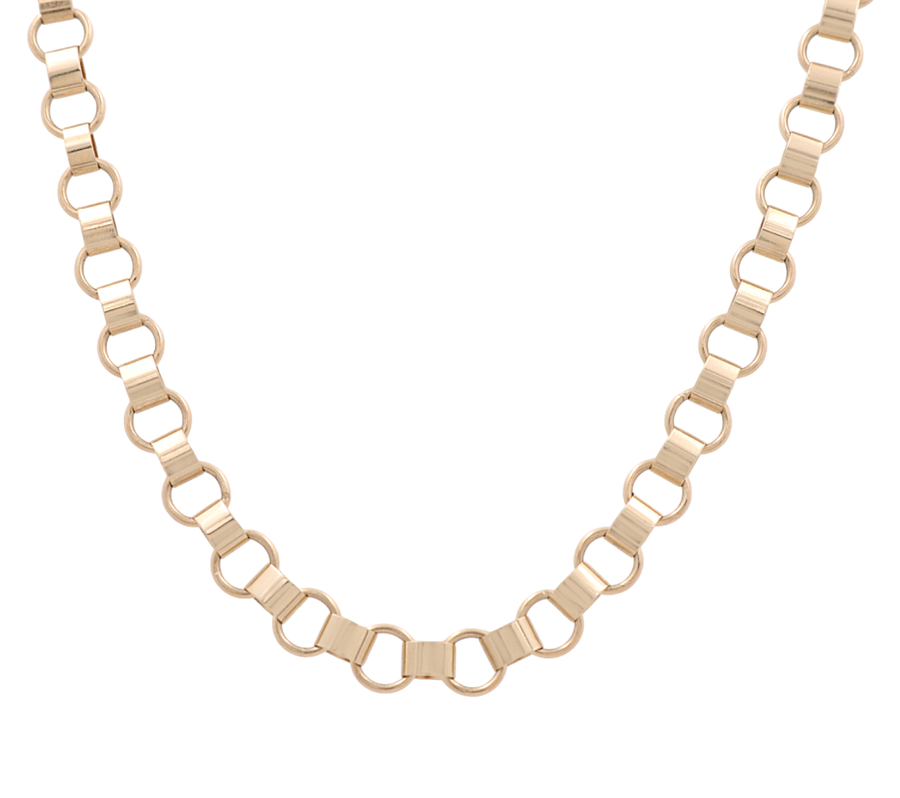 A 14K yellow gold necklace by Miral Jewelry, featuring interlocking rectangular and oval links in a symmetrical pattern, with an elegant 18" length Fancy Link Chain.