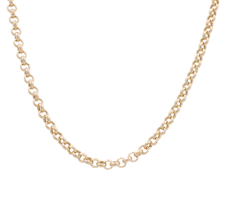 The Miral Jewelry 14K Yellow Gold Rolo Chain features an elegant round link design on a white background.