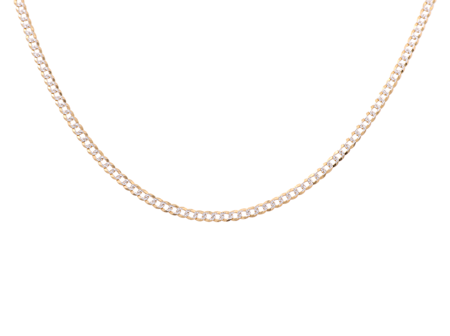 A delicate 14k two-tone white and yellow gold diamond-cut chain from Miral Jewelry, featuring small interlocking links and displayed on a white background.