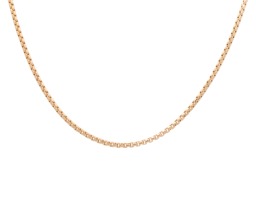 The Miral Jewelry 14k Yellow Gold Round Box Chain is depicted against a white background.