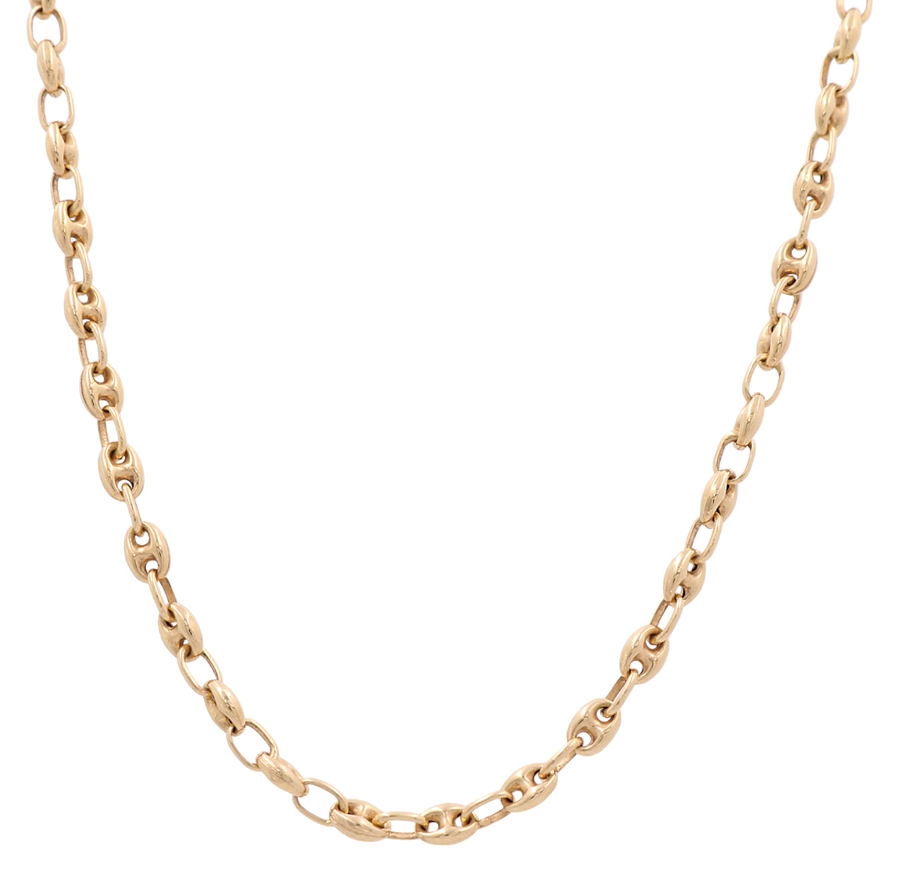 A detailed view of the 14K Yellow Gold Fancy Link Chain by Miral Jewelry, showcasing its elegant oval links and measuring 18" in length.