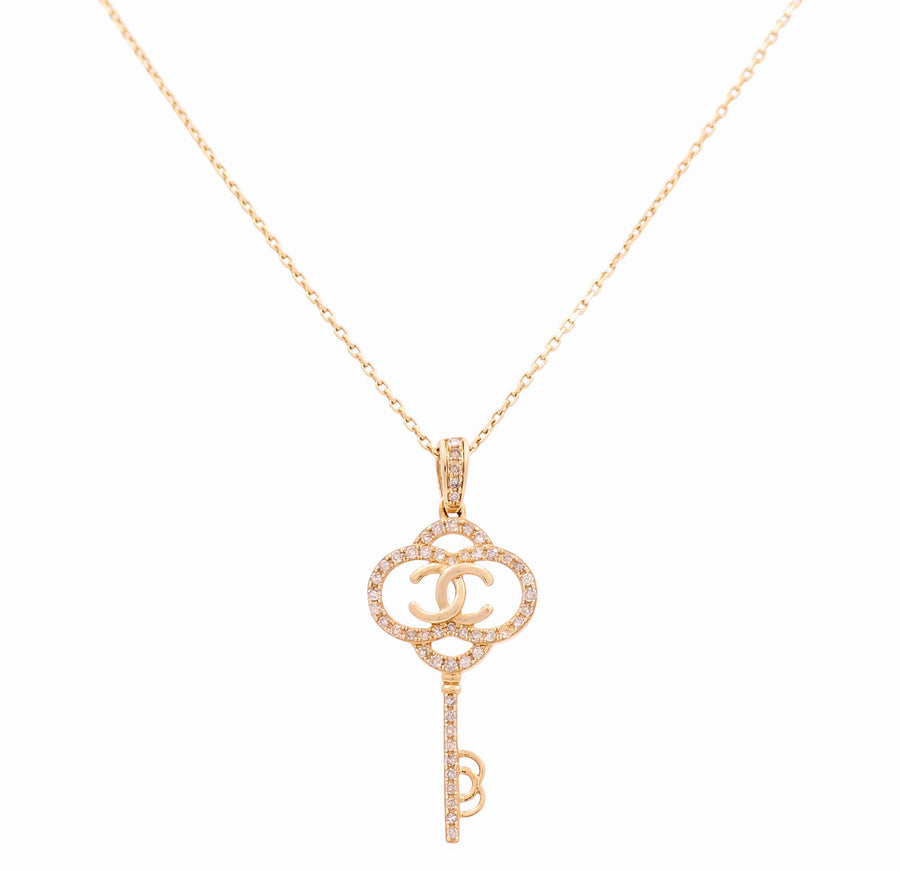 Yellow Gold Necklace with  Key Pendant 14K with 0.28Tw Round Diamonds