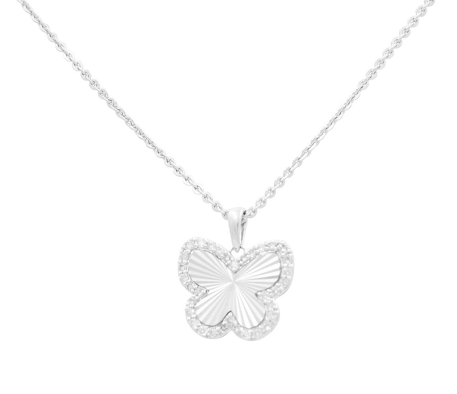 White Gold Necklace with Butterfly Pendant 10K with 0.12Tw Round Diamonds