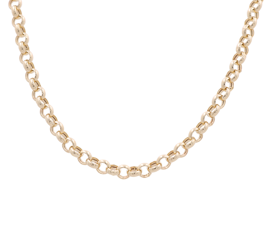 Close-up image of the Miral Jewelry 14K Yellow Gold Rolo Chain, featuring round interlocking links in a classic rolo chain style.