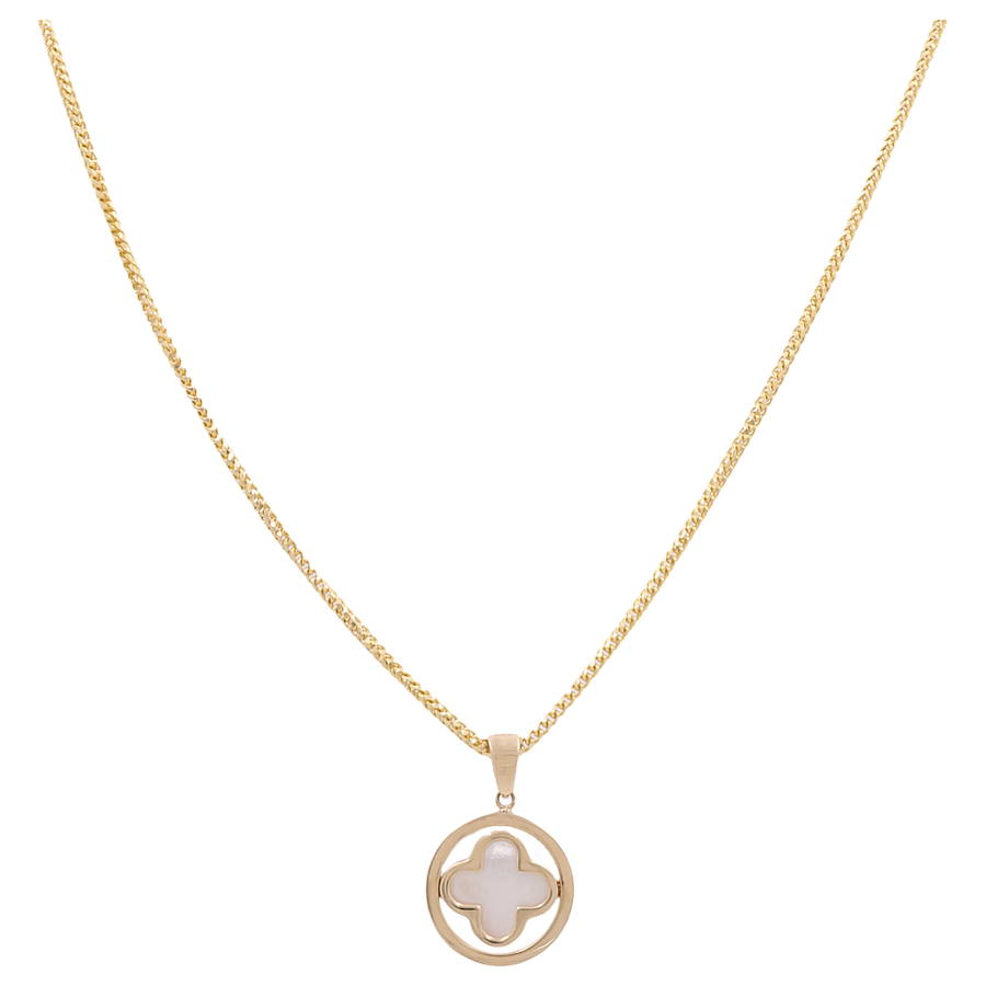 The Miral Jewelry 14K Yellow Gold Fashion Flower Women's Necklace features a circular pendant adorned with a white four-leaf clover design, adding a touch of elegance to any outfit.