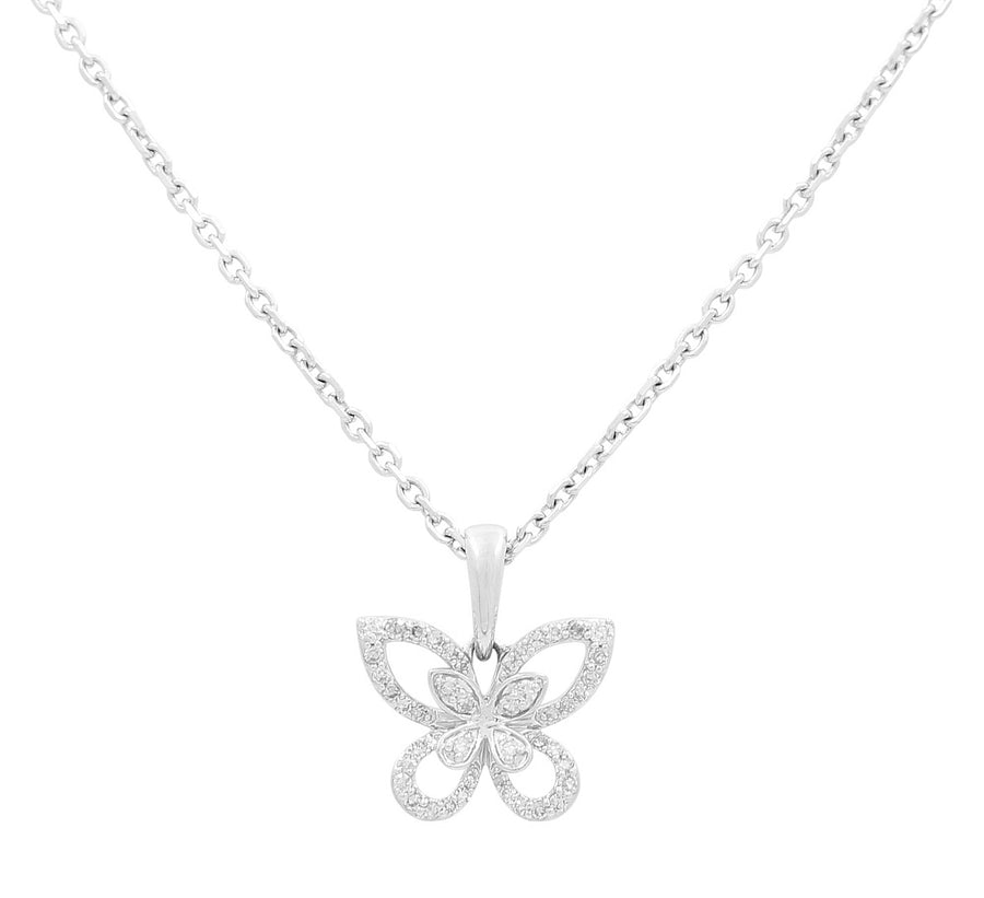 White Gold Necklace with Butterfly Pendant 10K with 0.16Tw Round Diamonds