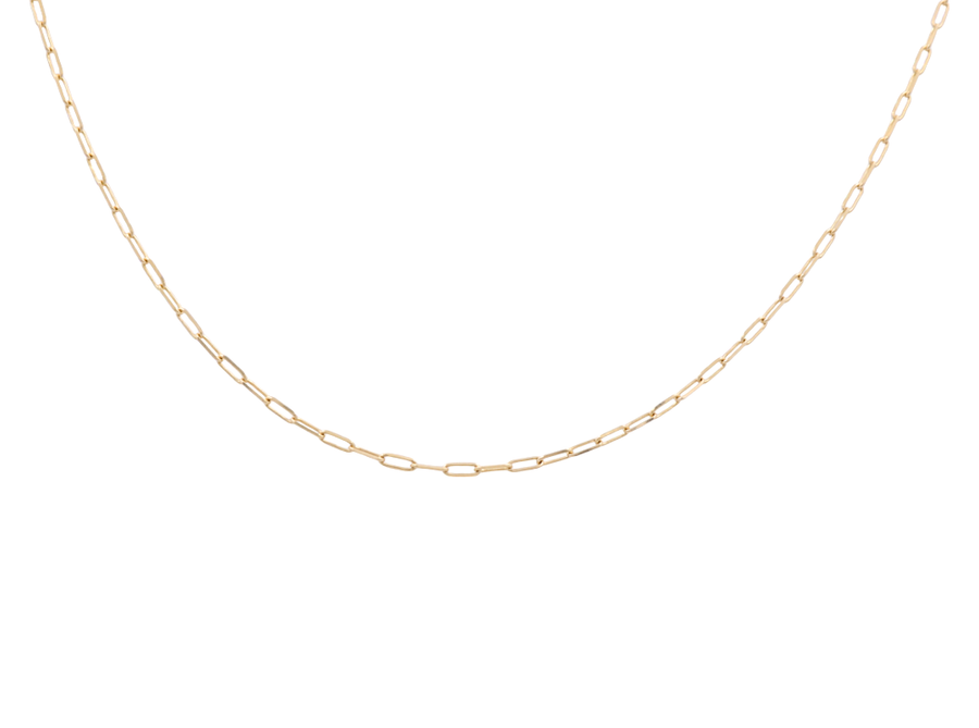 The 14K Women's Yellow Gold Paper Clip Chain, available at Miral Jewelry, is a thin necklace featuring uniformly sized oval links arranged in a simple, minimalistic design.