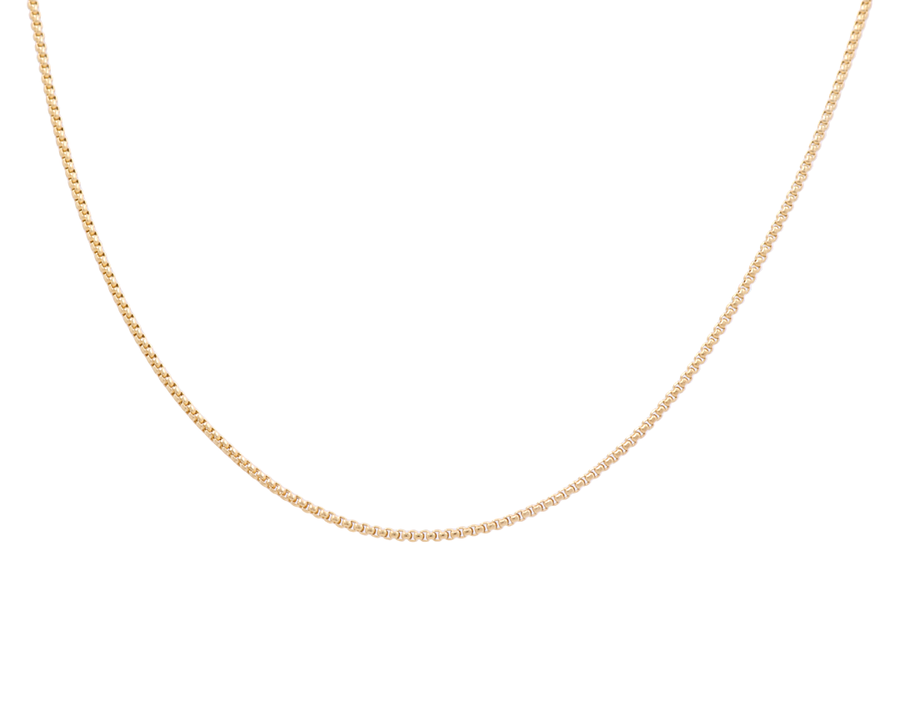 A classic design, the 14k Yellow Gold Round Box Chain by Miral Jewelry is beautifully displayed against a white background.