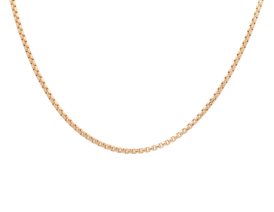 A close-up of the Miral Jewelry 14k Yellow Gold Round Box Chain against a white background.