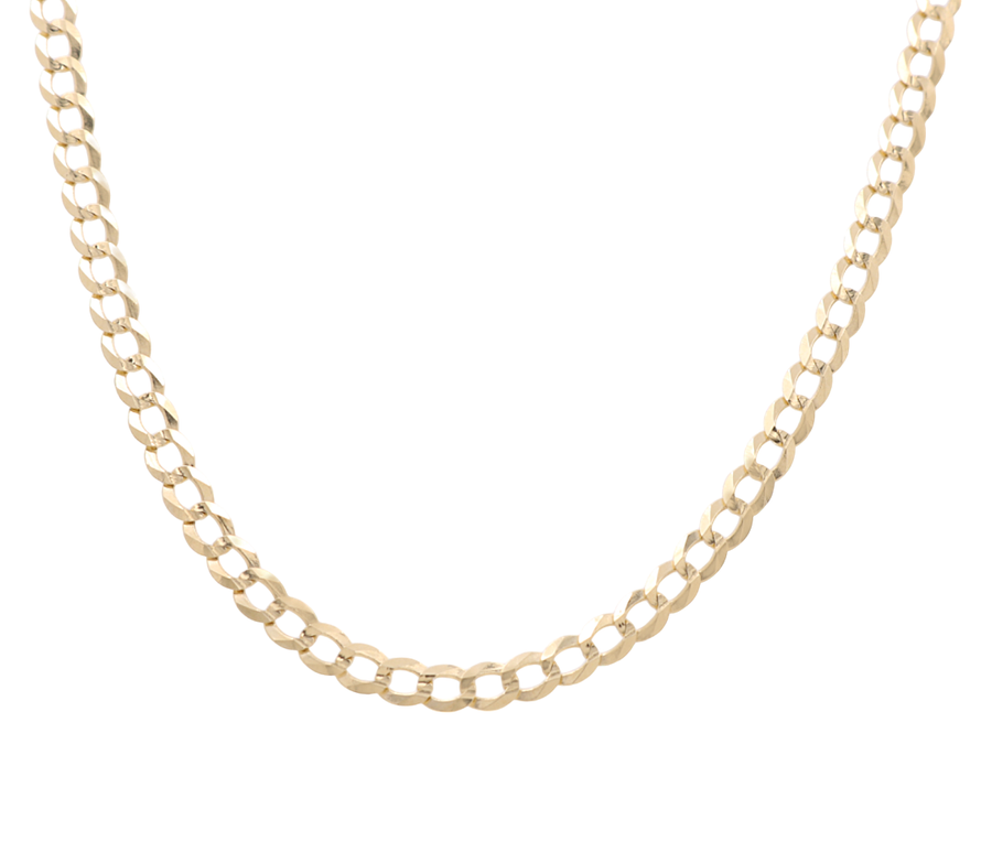 An elegant 14k yellow gold curb chain necklace by Miral Jewelry, featuring a flat, interlocking link design.