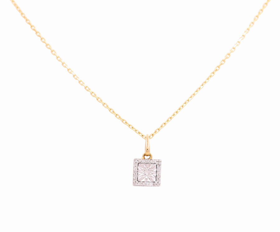 Yellow Gold Necklace with Square Pendant 10K with 0.08Tw Round Diamonds