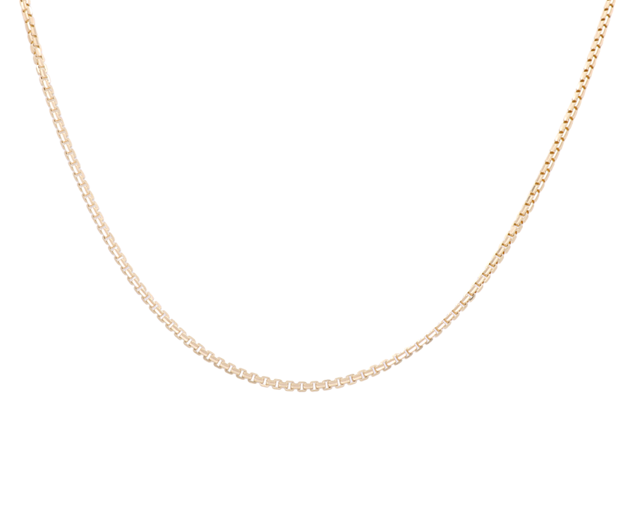 The Miral Jewelry 14K Yellow Gold Fancy Link Chain, displayed against a white background, boasts a simple yet elegant design—truly a luxury accessory for any collection.