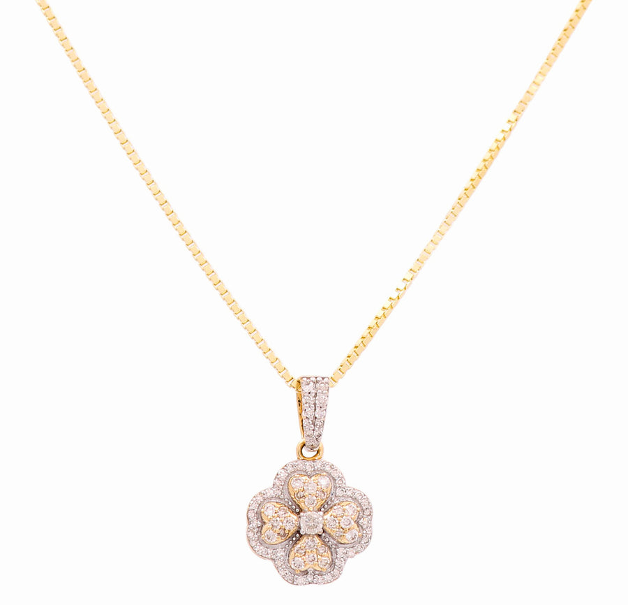 Yellow Gold Necklace with Flower Diamond Pendant 10K with 0.37Tw Round Diamonds