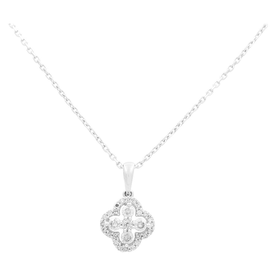 White Gold Necklace with Clover Diamond Pendant 10K with 0.25Tw Round Diamonds