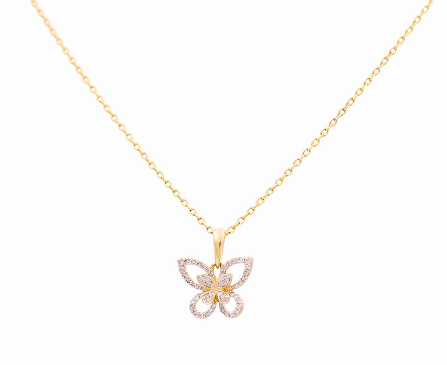 Yellow Gold Necklace with Butterfly Pendant 10K with 0.16Tw Round Diamonds