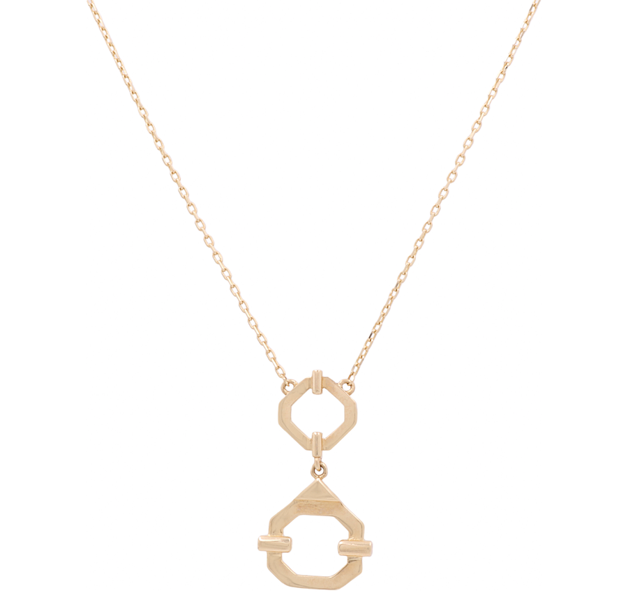 Miral Jewelry: This 14K Yellow Gold Fashion Women Necklace features two hexagonal pendants linked by a small chain. Perfect for any occasion, this necklace adds a touch of elegance to any outfit.