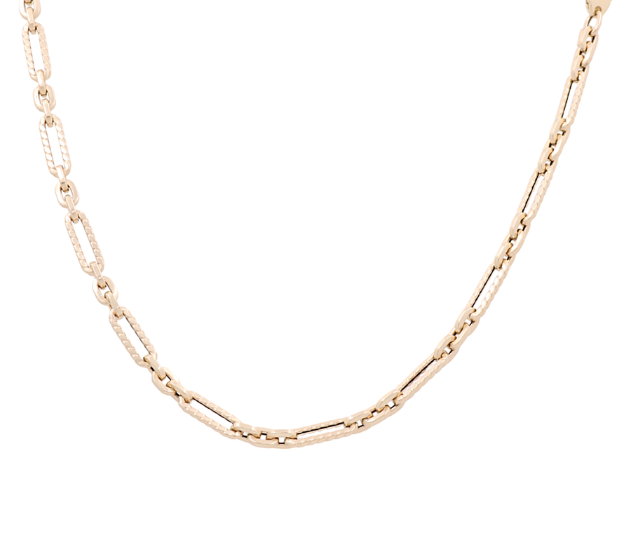 The Miral Jewelry 14K Women's Yellow Gold Paper Clip Chain necklace features elegant elongated rectangular links arranged in a sophisticated pattern, providing a luxurious touch to any ensemble. This statement piece is ideal for enhancing your style.