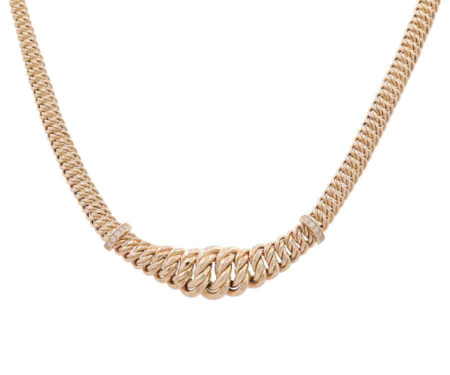 This elegant Yellow Gold 14k Fashion Necklace by Miral Jewelry features a twisted rope design with small diamond accents on either side.