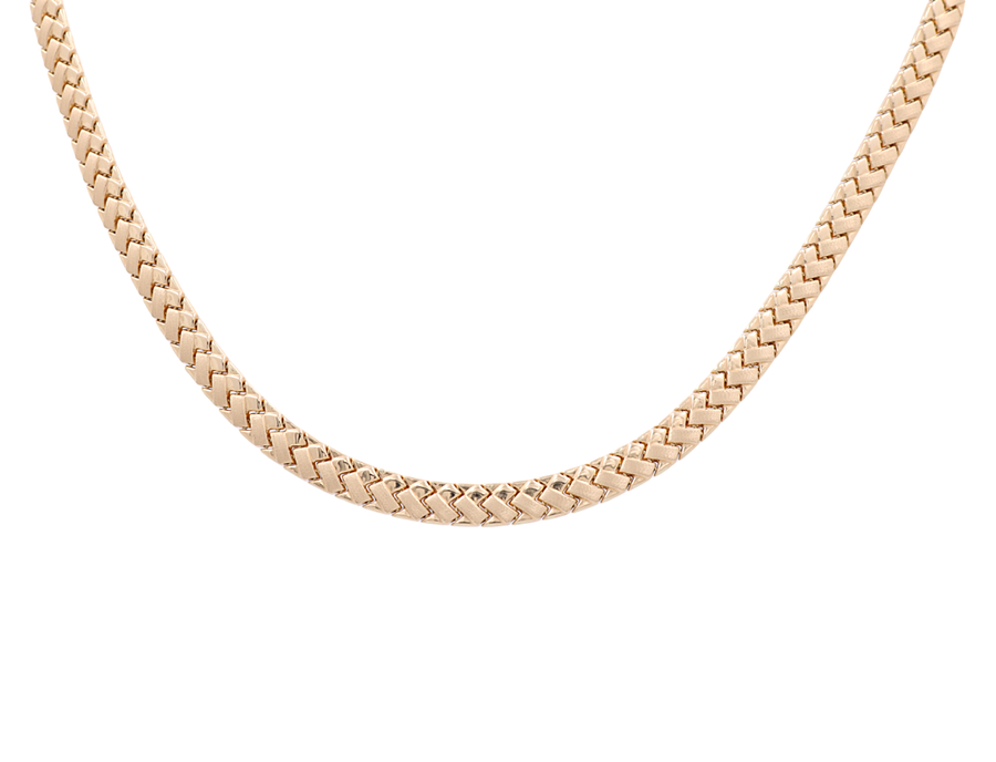 Close-up of the Miral Jewelry 14K Yellow Gold Fancy Link Chain, featuring an elegant herringbone pattern and crafted in an 18" length.