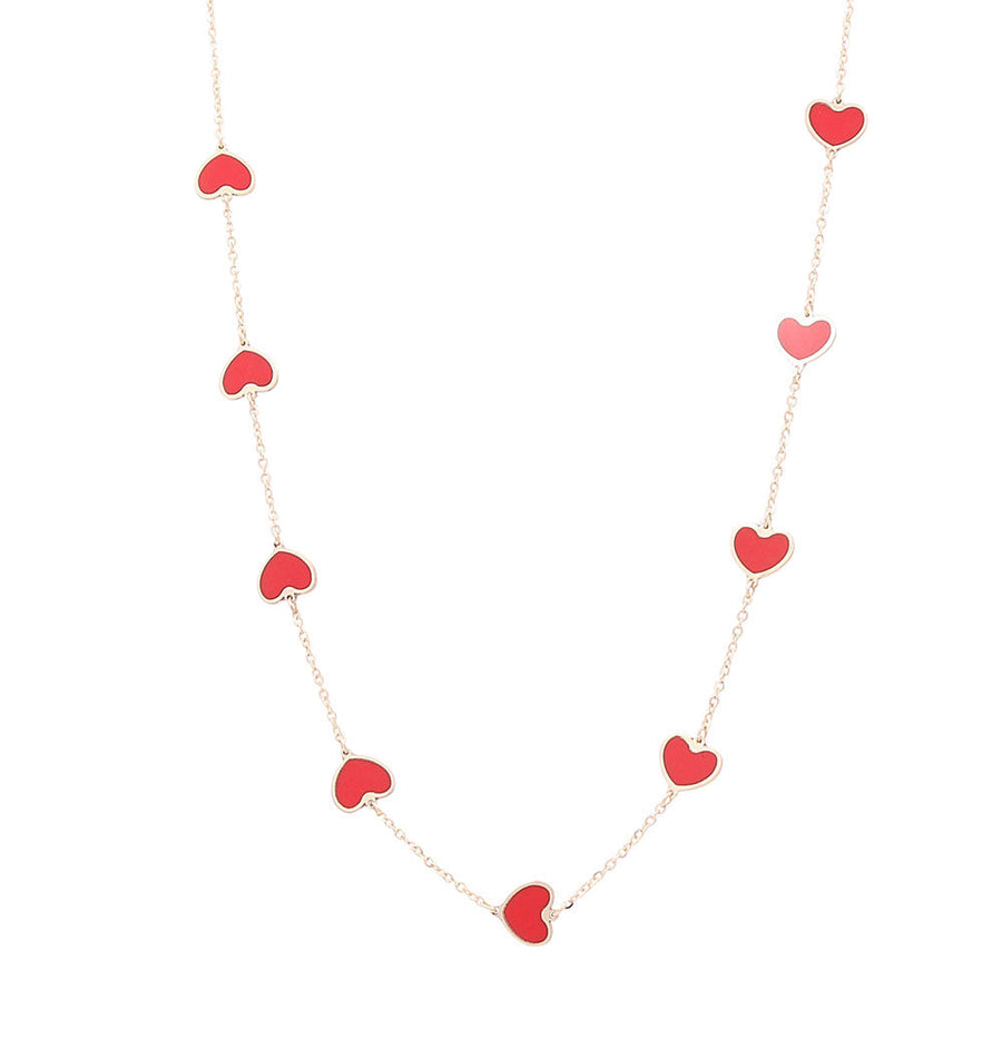 14K Yellow Gold Fashion Red Hearts  Women's Necklace