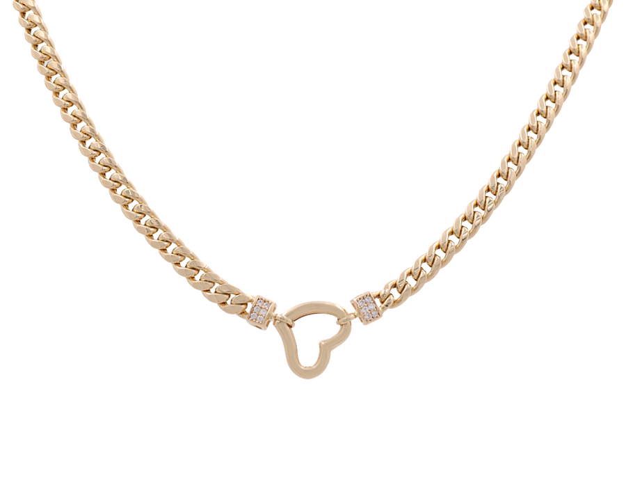 The "14K Yellow Gold Cuban Link with Fashion Heart Necklace" by Miral Jewelry features a heart-shaped clasp adorned with small cubic zirconias on either side, making it a timeless fashion piece.