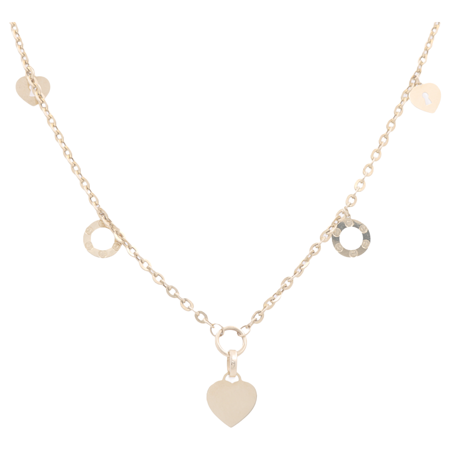 Introducing the Miral Jewelry 14K Yellow Gold Fashion Necklace, a delicately crafted chain adorned with Mother of Pearl heart-shaped and circular charms, evenly spaced throughout. This elegant piece is perfect as a fashion necklace for any occasion.