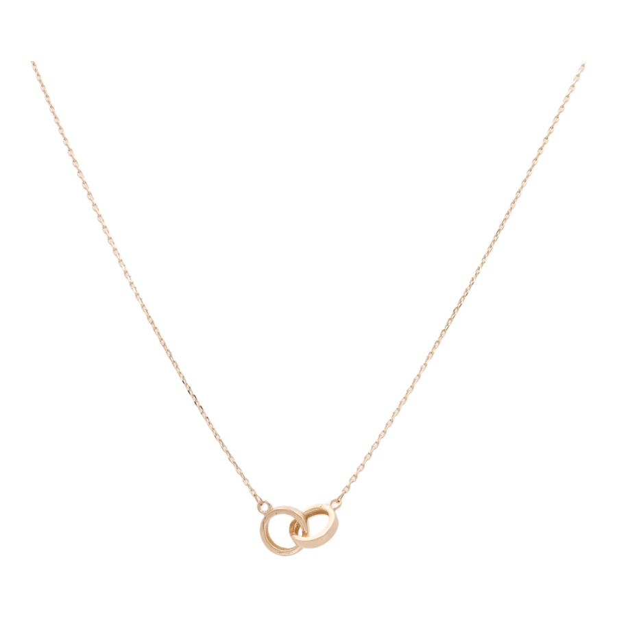 Introducing the 14K Yellow Gold Intertwined Hoops Necklace by Miral Jewelry, featuring a delicate chain and two interlocking rings pendant, beautifully crafted from 14K yellow gold and adorned with shimmering cubic zirconias.