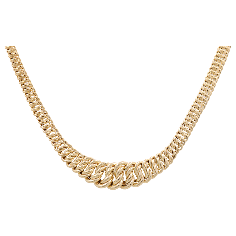 The Miral Jewelry Yellow Gold 14k Fashion Necklace features a striking design with a thick, overlapping link pattern at the center and a standard link pattern on the sides. This exquisite piece blends style and elegance, making it an essential addition to any fashion collection.