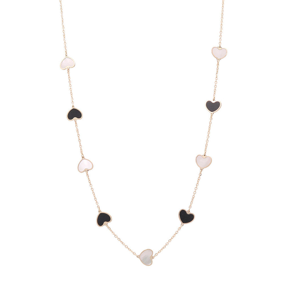 14K Yellow Gold Fashion Hearts Necklace with Black Onyx and Mother Pearl