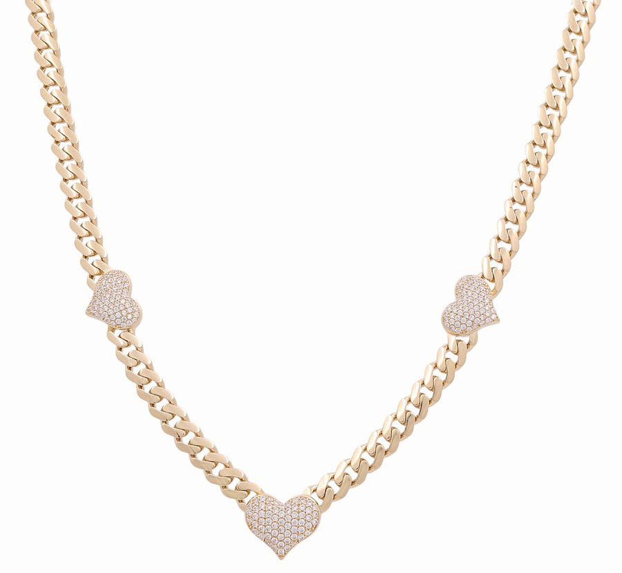 14K Yellow Gold Fashion Hearts Necklace with Cubic Zirconias