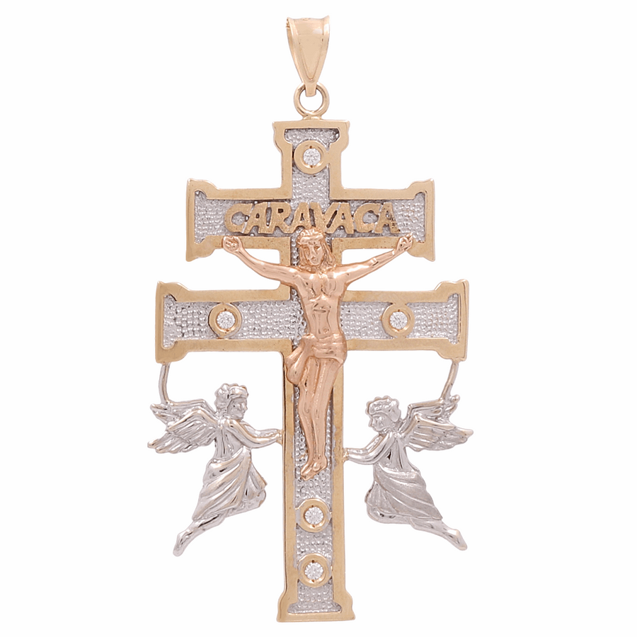 A 14K yellow and white gold Jesus cross with angels pendant by Miral Jewelry.