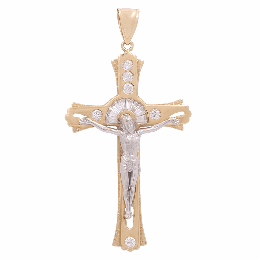 Experience unparalleled faith and style with the 14K Yellow Gold Cross with Zirconias Pendant by Miral Jewelry. This luxury piece features a gold and silver crucifix adorned with stunning zirconias, showcasing the figure of Jesus.