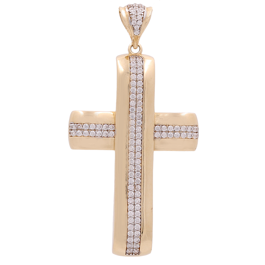 The 14K Yellow Gold Cross with Zirconias Pendant from Miral Jewelry features vertical and horizontal rows of small embedded diamonds, beautifully crafted in 14K yellow gold to seamlessly marry faith and fashion.