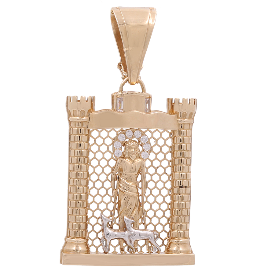 The Miral Jewelry 14K Yellow Gold Religious Pendant features a figure in a flowing robe with two dogs at their feet, framed by two pillars and a lattice backdrop, all crafted from high-quality materials.