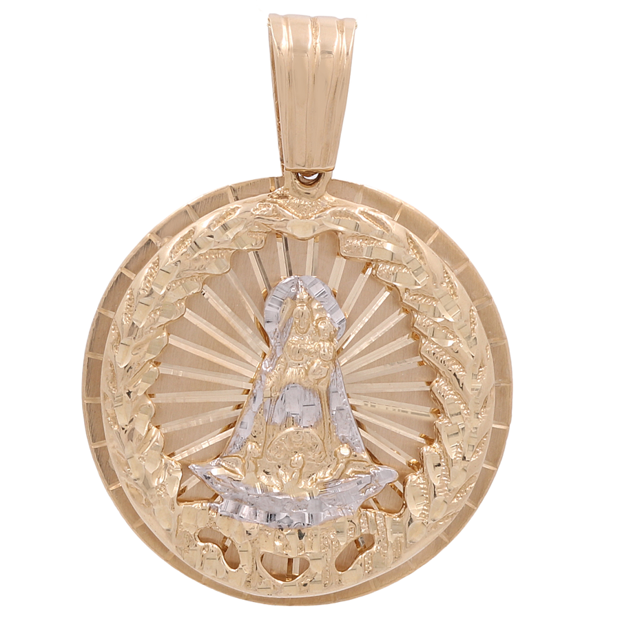 Miral Jewelry’s 14K Yellow Gold Round Religious Pendant features an engraved figure of a woman holding a child, encircled by a wreath design. Crafted in radiant 14K yellow gold, this beautiful piece combines classic artistry with timeless elegance.