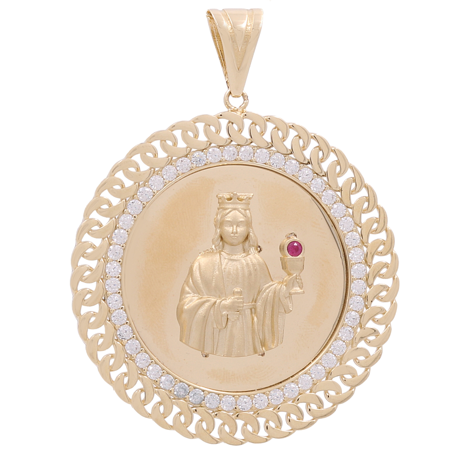 This Miral Jewelry pendant, crafted in luxurious 14K yellow gold and adorned with zirconias, features an engraved figure of Saint Michael encircled by a border of interlocking links.