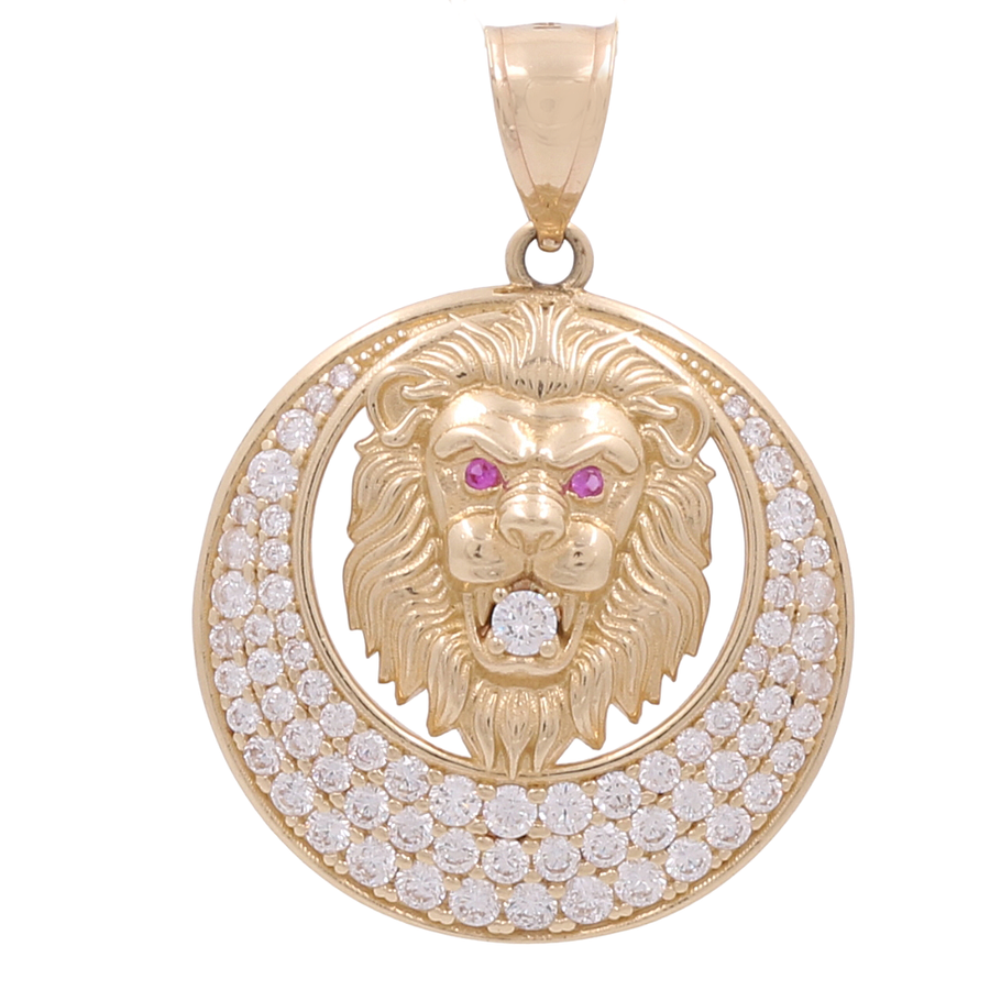 A striking 14K yellow gold round lion pendant by Miral Jewelry, showcasing a majestic lion's head with zirconia accents and a large hook for attaching to a chain.