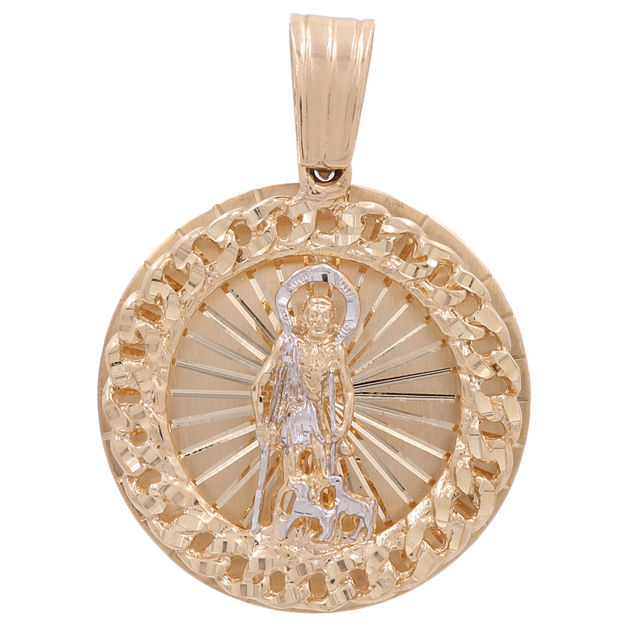 The 14K Yellow Gold Round Religious Pendant by Miral Jewelry showcases a circular design with a central saint figure in silver, encircled by a chain-like border and adorned with sparkling zirconias. This elegant piece is crafted in 14K yellow gold, blending timeless beauty with modern elegance.