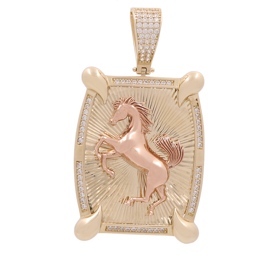 Miral Jewelry's 14K Yellow and Rose Gold Prancing Horse Pendant showcases a stunning design of a rearing horse, adorned with diamonds on the bail and edges.