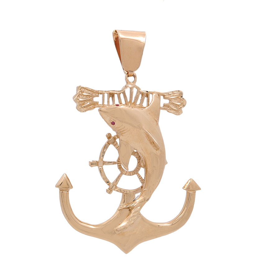 This 14K Yellow Gold Shark Wheel House on Anchor Pendant by Miral Jewelry features a captivating design with an anchor, a steering wheel, and a dolphin.