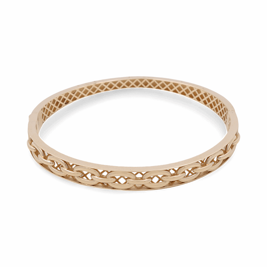 Miral Jewelry's 14K Yellow Gold Fashion Bracelet features an intricate lattice design along the edges.